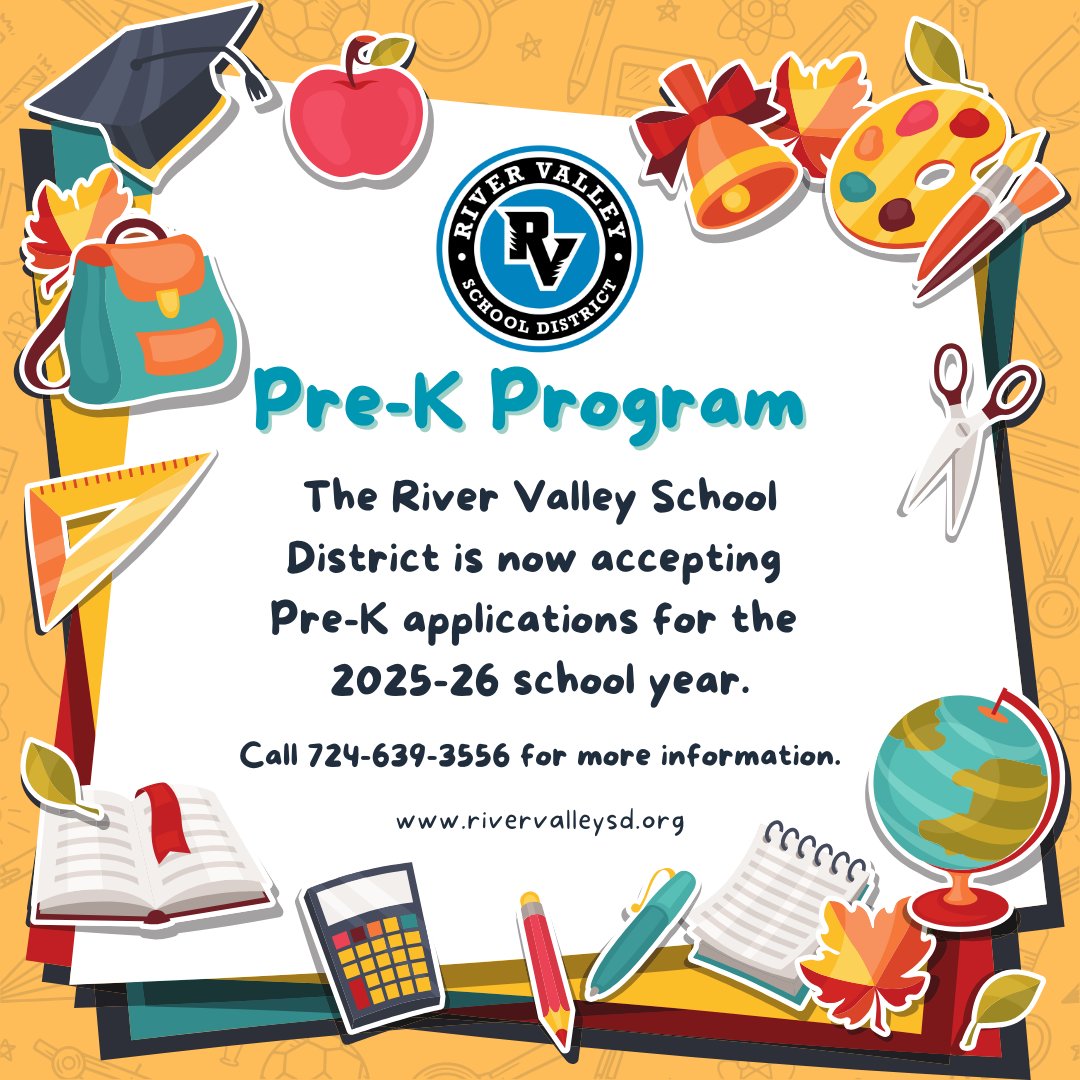 River Valley School District (@rvsdpanthers) on Twitter photo 📢 A few spots are still available!
🎒The River Valley School District Early Childhood Learning Academy is now accepting pre-k applications for the 2025-2026 school year.
📚More Info: ow.ly/rOIx50V4lNm
✏️Apply Now: ow.ly/Z95Q50V4lNl
<a href="/RVSDSuper/">Philip Martell</a> <a href="/SbgPrincipal/">Tracy Richards</a> 📢 A few spots are still available!
🎒The River Valley School District Early Childhood Learning Academy is now accepting pre-k applications for the 2025-2026 school year.
📚More Info: ow.ly/rOIx50V4lNm
✏️Apply Now: ow.ly/Z95Q50V4lNl
<a href="/RVSDSuper/">Philip Martell</a> <a href="/SbgPrincipal/">Tracy Richards</a>