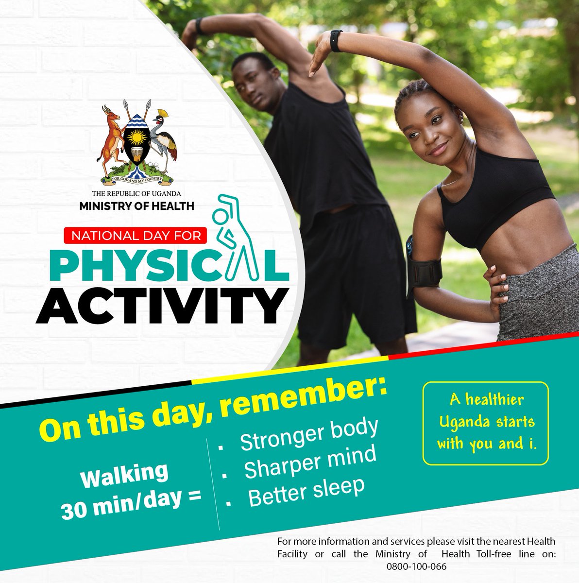 Join the Ministry of Health in exercising, free screening of heart and kidney diseases, blood pressure, diabetes and cancer as part at the activities to commemorate National Day of Physical Activity on Sunday 22 June 2025 at 6:00am at Kololo Ceremonial Grounds.

#MOHatWork