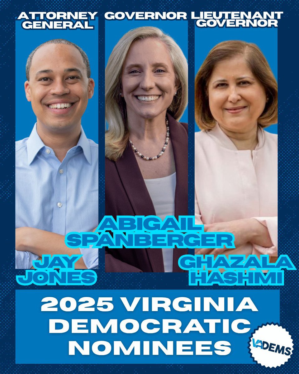 A big congratulations to <a href="/SenatorHashmi/">Senator Hashmi</a> and the history she is making as our nominee for Lt. Gov and my dear friend <a href="/jonesjay/">Jay Jones</a> on his nomination for Attorney General.

There’s a lot of work to do to earn the vote of all Virginians—and we’re united as Democrats and ready to do it!