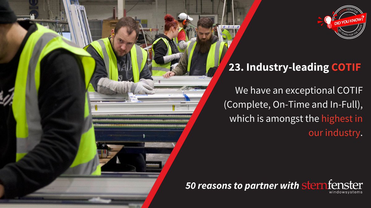 Did you know that we have one of the highest COTIF's in the industry? 

Our care and attention encompasses every single order that we process, ensuring that we continue to get it right first time.

ow.ly/Tgjm50VZ7TN

#Sternfenster  #50ReasonsToPartnerWithSternfenster