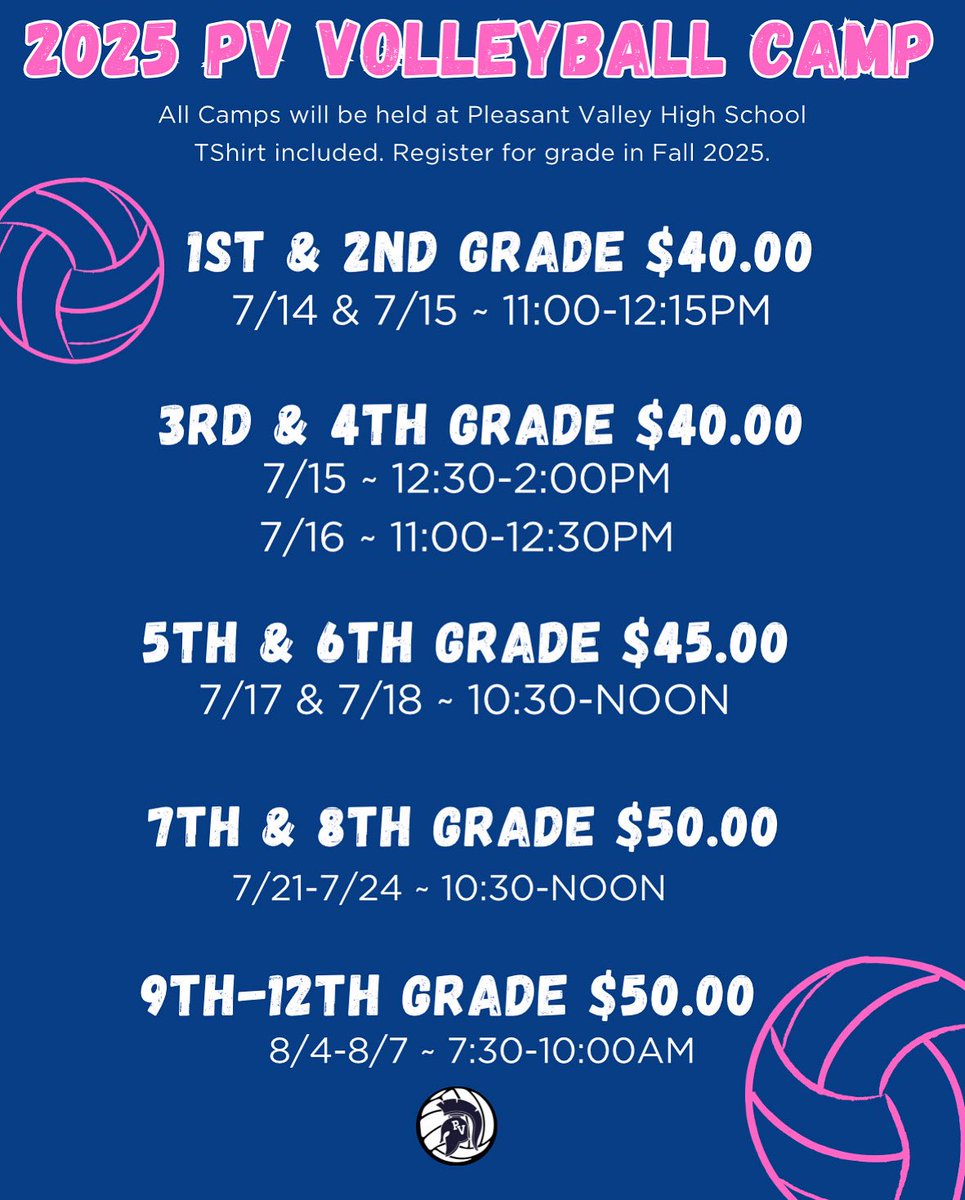 PV Volleyball (@pvvolleyball) on Twitter photo Make sure to sign up for the 2025 Pleasant Valley Volleyball summer camp!! 🤩🩷🏐 pleasvalia.infinitecampus.org/campus/portal/… Make sure to sign up for the 2025 Pleasant Valley Volleyball summer camp!! 🤩🩷🏐 pleasvalia.infinitecampus.org/campus/portal/…