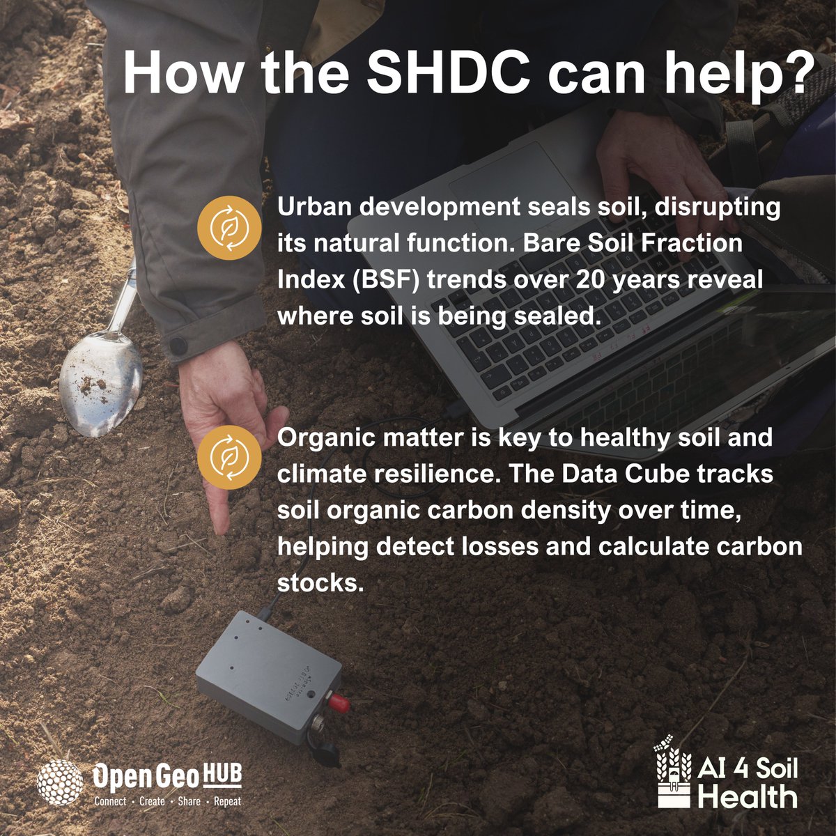opengeohub's tweet image. 🌍 Top 5 Soil Health Challenges & How the Soil Health Data Cube Can Help?
Europe’s soils face serious threats—but the Soil Health Data Cube equips us with the insights to act. This powerful tool, built on open data and a detailed model of the European landscape, leverages…