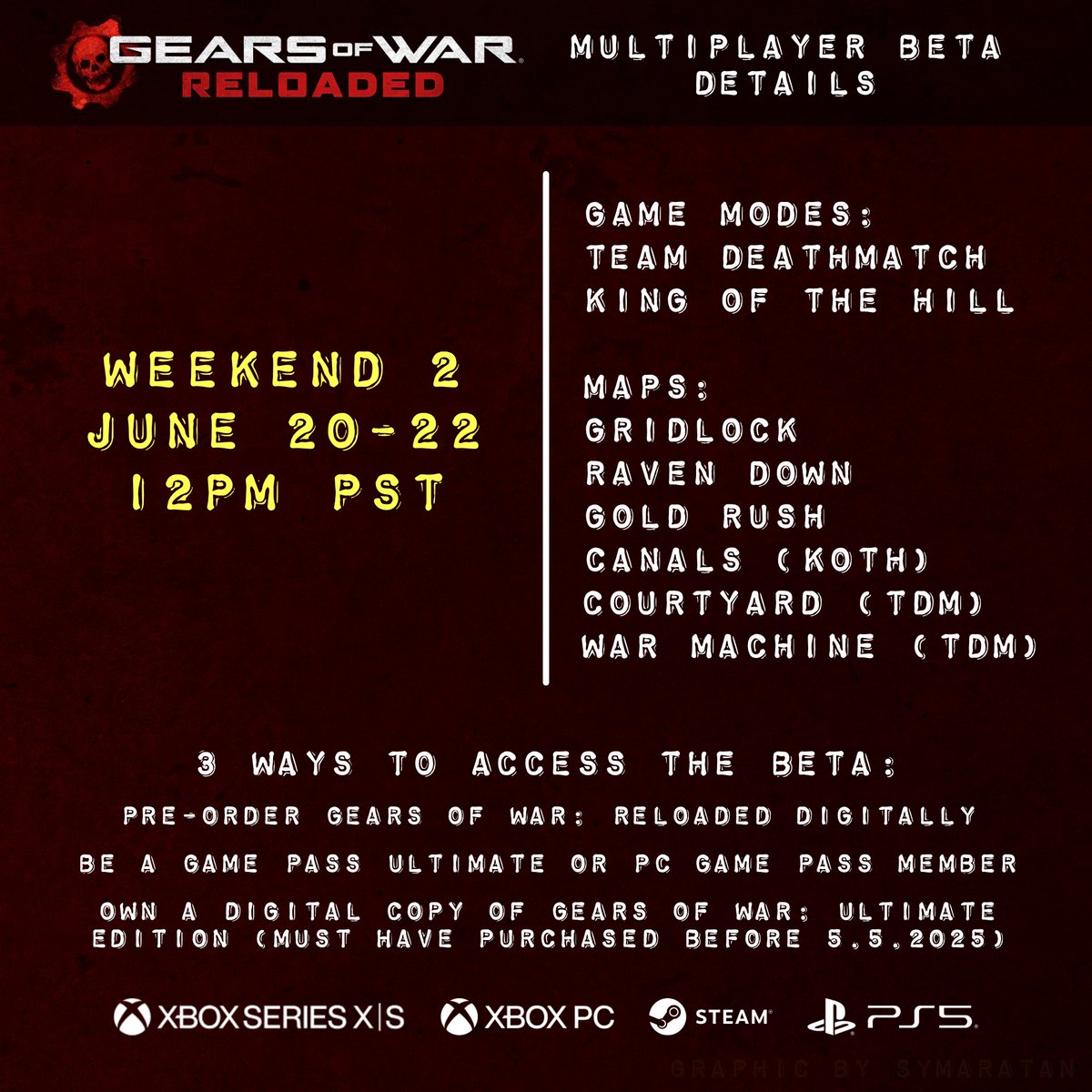 Symaratan's tweet photo. Here are all the details for Weekend 2 of the #GearsOfWarReloadedBeta this Friday!

@GearsofWar @Community_Gears https://t.co/W2Cp538igH