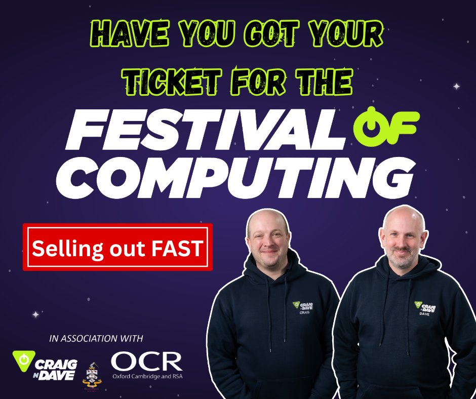 craigndave1's tweet image. 🚀 The Festival of Computing is close &amp;amp; tickets are going fast!

💬 CPD, networking, talks, prize draw + all major exam boards will be there! 

🗓️ 2 July @BromsSchool  
🎟️ Book now: shorturl.at/95Y1l

#FestivalOfComputing25 #TeamCompSci #CompSciCPD #CraignDave @ocrexams