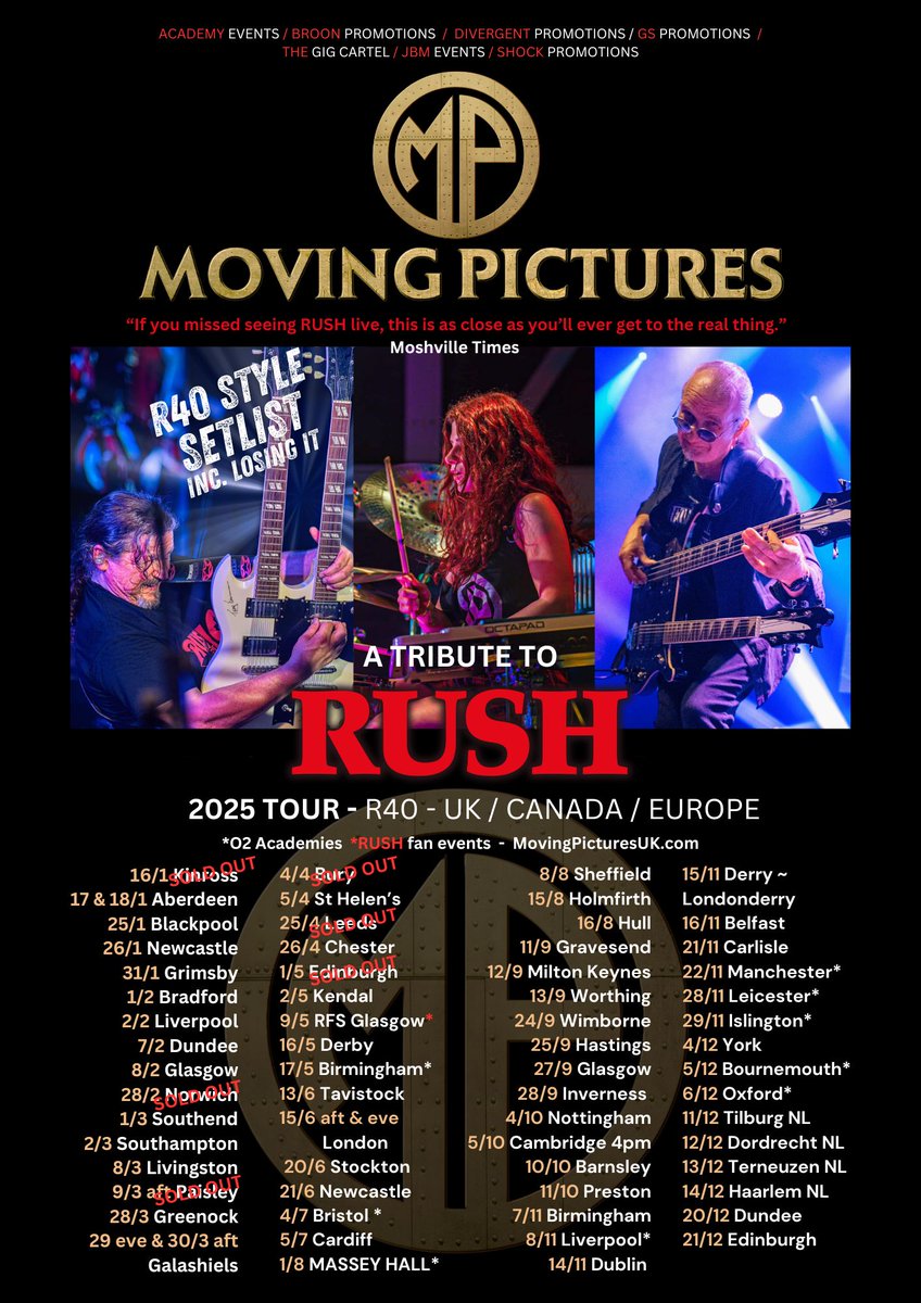 TOMORROW... Moving Pictures - Rush tribute

“If you missed seeing RUSH live, MOVING PICTURES is as close as you’ll ever get to the real thing.” - Moshville Times

Tickets &amp; more info: facebook.com/events/6856961…