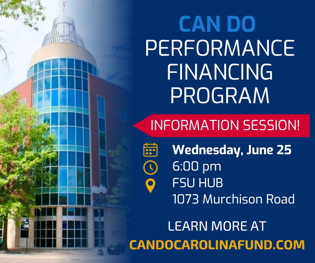 Is the Can Do Performance Financing Program right for your small business? Attend our Info Session at the <a href="/fsu_hub/">Fayetteville_Cumberland_EB_HUB</a> to see how existing businesses can receive up to $750,000 for capital expenses in exchange for creating full-time jobs.

Register Now: fcedc.biz/CanDoFunding