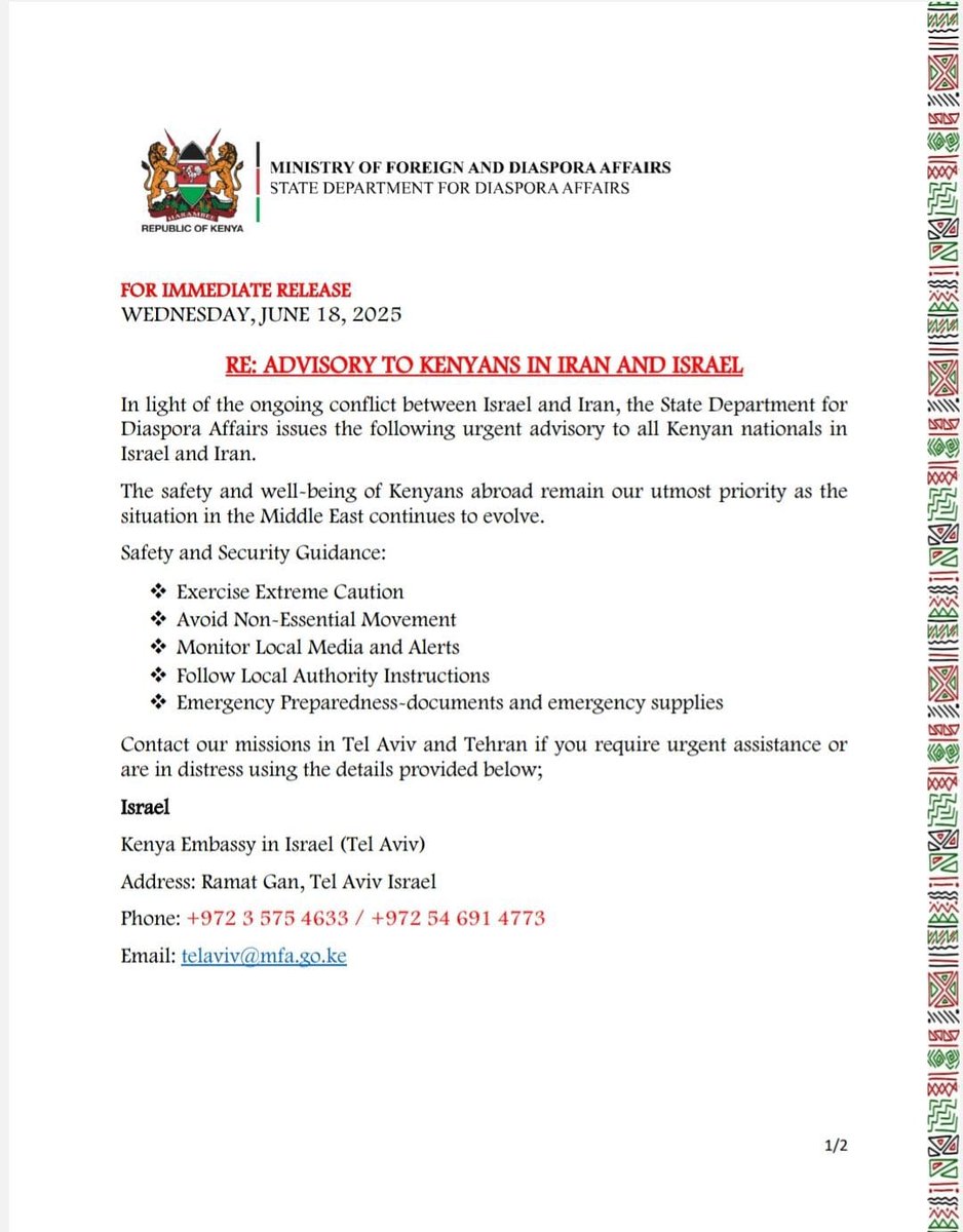 OfficePCS_KE's tweet image. ADVISORY TO KENYANS IN IRAN AND ISRAEL.