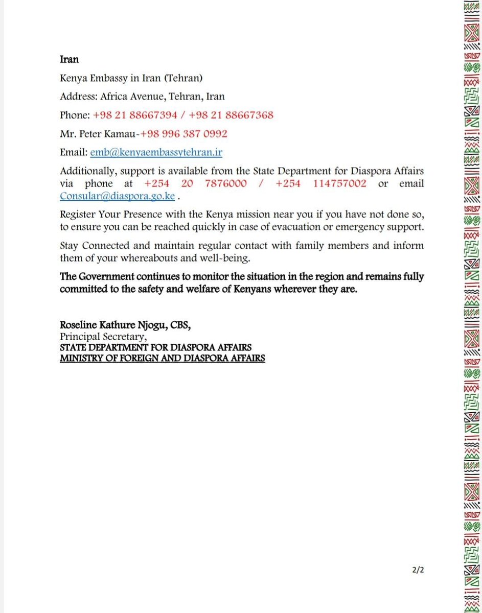 OfficePCS_KE's tweet image. ADVISORY TO KENYANS IN IRAN AND ISRAEL.