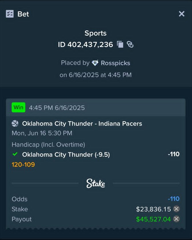 🚨 LIVE BET HIT on Live🔥 <a href="/Stake/">Stake.com</a> 

Dropped $23K+ on OKC -9.5 🏀

Final: 120-109 — We cashed out 

$45,527 🟢

Big lock of the night 📈💸

#RPicks don't miss next one🎯

Drop you #stake username 👇

Rt + follow @rosspicks &amp; <a href="/demize21/">DeMize</a> 

#RCDE #bigwin #parlay #NBAFinals