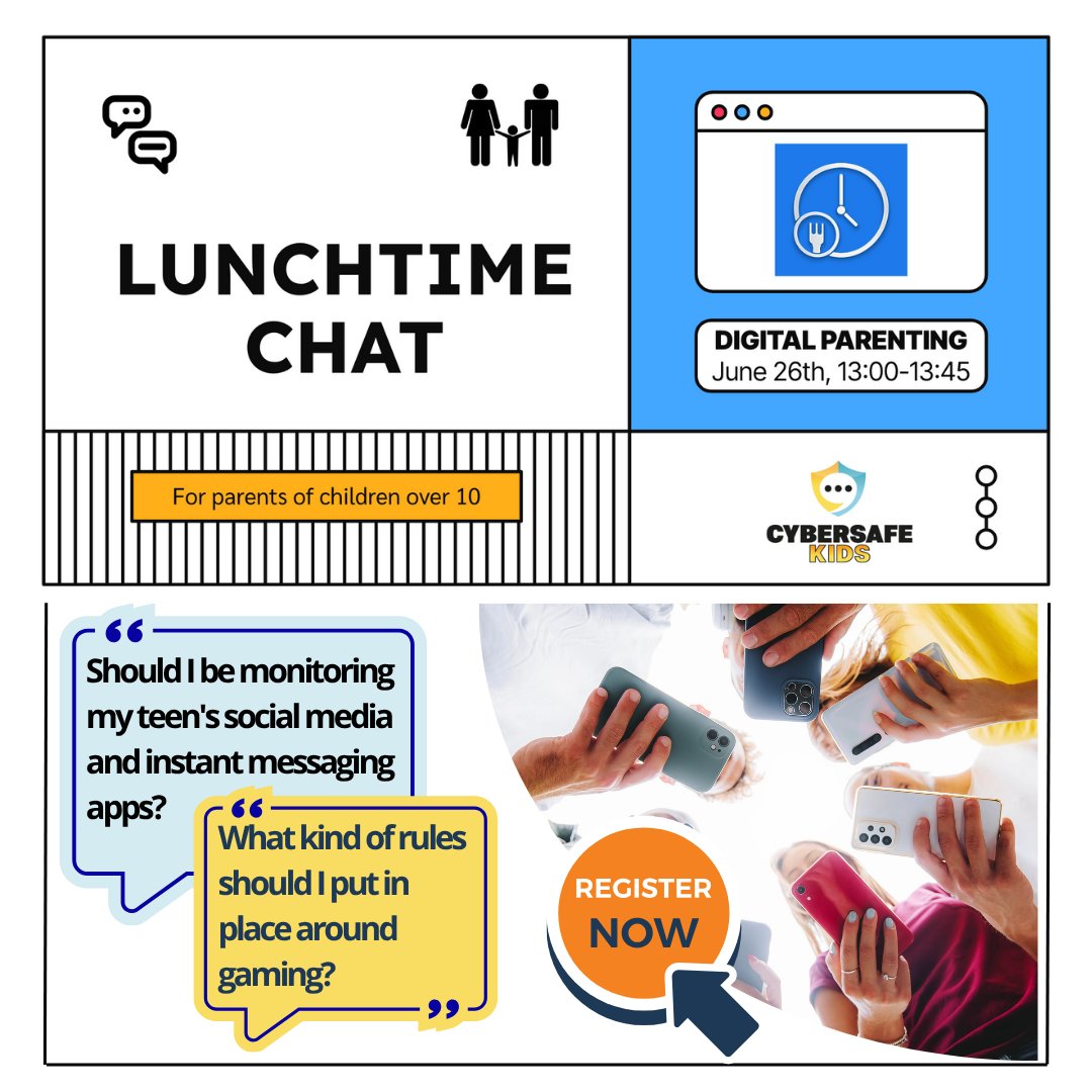 CyberSafeKidsIE's tweet image. 🥪 Parents’ Lunchtime Chat: Digital Parenting with Olwyn &amp;amp; Ann!

📲 Helping our tweens and teens to navigate the digital world can be both a challenging and sometimes isolating experience. So why not talk about it over a relaxed lunchtime session?

Join @CyberSafeKidsIE trainers…