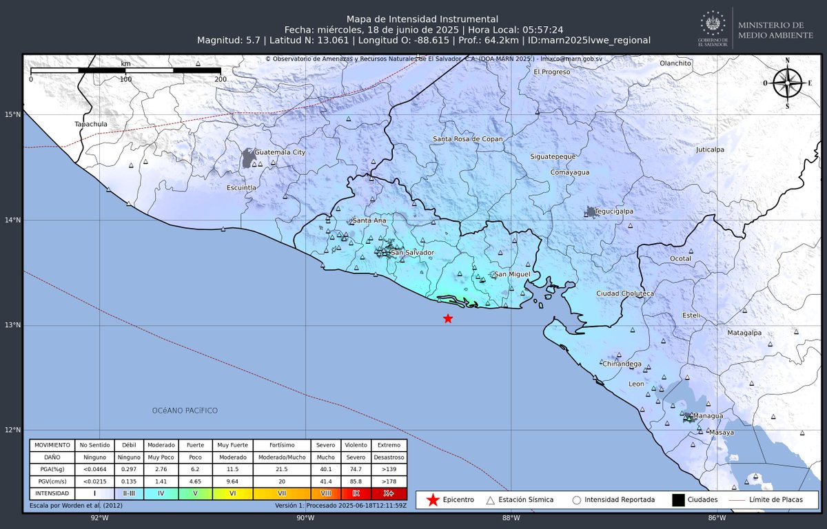 MedioAmbienteSV's tweet photo. 📌 #ElObservatorioInforma Mapa de intensidad instrumental tras la ocurrencia de sismo mag. 5.7, frente a la Costa de Usulután. [2025-06-18, 05:57:24]. https://t.co/d4UHP62Lcg