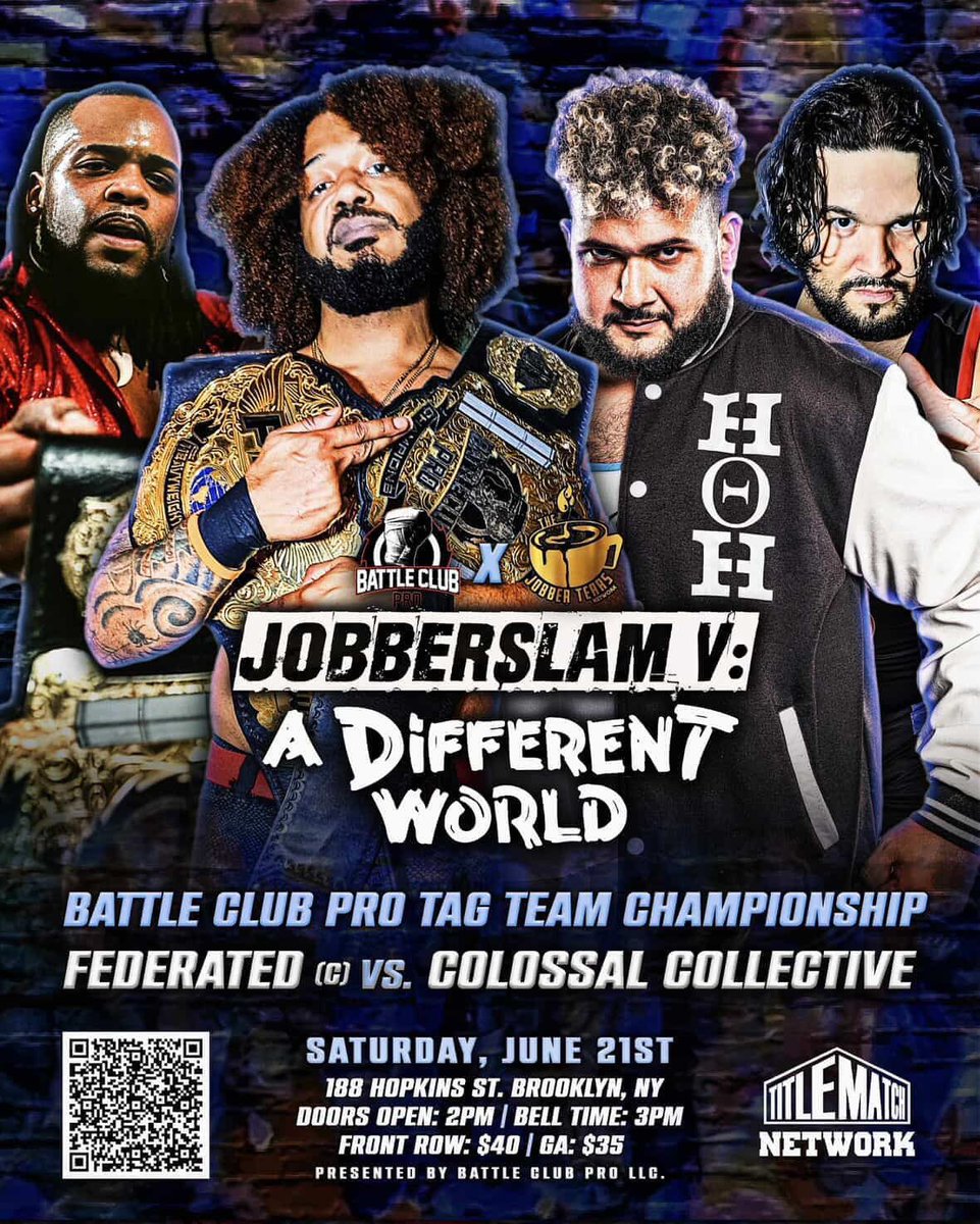 I won’t be there to witness it as I’ll be watching on <a href="/TitleMatchWN/">Title Match Network</a>  But rest assured my boys have been putting the work to get those <a href="/Battleclubpro/">Battle Club Pro</a> tag titles. 

<a href="/JobberTears/">The Jobber Tear’s Show</a>  Jobberslam V 

<a href="/TheRembrandt_/">Remybrandt</a>  / <a href="/HesBiGCuZZO/">BiG CuZZO</a> 
Vs
#colossalcollective 
<a href="/andyleeray99/">Andy Lee Ray</a> / <a href="/BigBroCalluda/">“Big Bro” Chris Calluda</a>