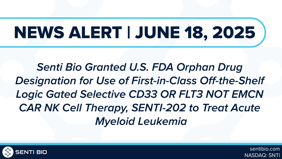 Senti Biosciences (@sentibio) on Twitter photo Senti Bio Granted U.S. FDA Orphan Drug Designation for Use of First-in-Class Off-the-Shelf Logic Gated Selective CD33 OR FLT3 NOT EMCN CAR NK Cell Therapy, SENTI-202 to Treat Acute Myeloid Leukemia
bit.ly/4mYsiJU 
$SNTI #CellTherapy #CARNK #AcuteMyeloidLeukemia #AML Senti Bio Granted U.S. FDA Orphan Drug Designation for Use of First-in-Class Off-the-Shelf Logic Gated Selective CD33 OR FLT3 NOT EMCN CAR NK Cell Therapy, SENTI-202 to Treat Acute Myeloid Leukemia
bit.ly/4mYsiJU 
$SNTI #CellTherapy #CARNK #AcuteMyeloidLeukemia #AML