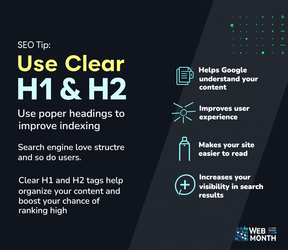 WebMonth's tweet photo. SEO Tip: Use Clear H1 & H2 Tags
- Helps Google understand content
- Improves UX
- Boosts rankings
- One H1 per page only.
- DM us for an SEO-optimized website.
#SEOtips #WebDesign #H1H2 #WebsiteStructure #WebMonth https://t.co/vyMhkRB9Lh