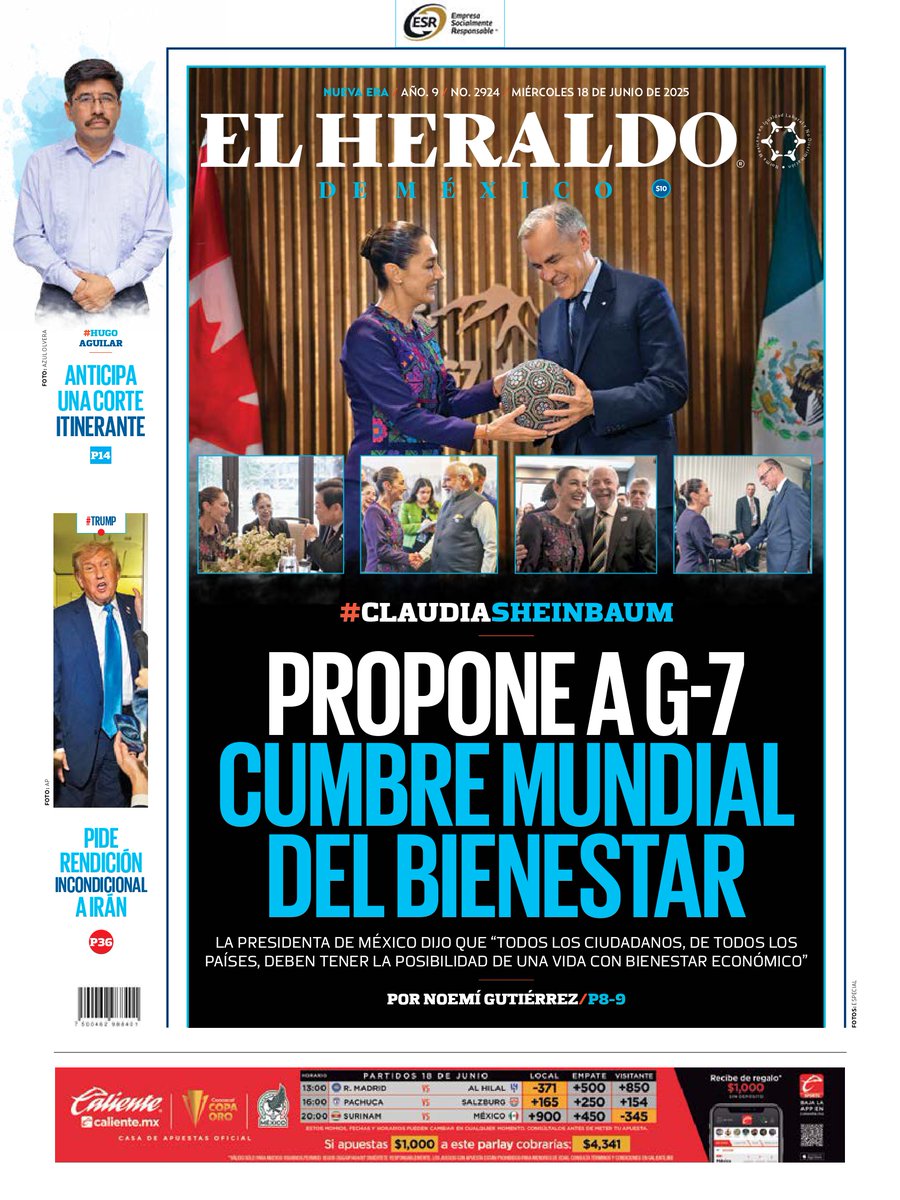 #EnPortada de El Heraldo de México  📰:

🔵Claudia Sheinbaum propone a G7 Cumbre Mundial del Bienestar
🔵Hugo Aguilar anticipa una corte itinerante
🔵Trump pide rendición incondicional a Irán

➡ bit.ly/34ubeFD