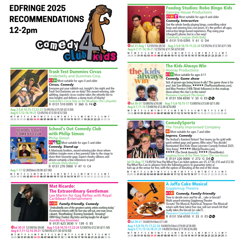 Much family-friendly excellence coming to #edfringe this summer, and we heartily recommend you start your afternoon off with e.g. Trash Test Dummies, Philip Simon, <a href="/MatRicardo/">Mat Ricardo</a>, <a href="/foxdogstudios/">Foxdog Studios</a>, <a href="/tomwhistom/">tom whiston</a>, Comedy Sportz and A Jaffa Cake Musical!

🎟️comedyclub4kids.co.uk/2025/06/18/edi…
