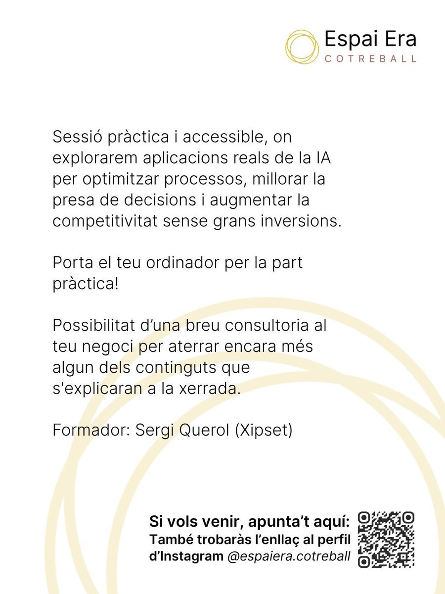 LEADERdelCamp's tweet photo. 🤖 El pròxim 25 de juny, vine a Els Guiamets (Priorat) i descobreix com aplicar la #Intel·ligènciaArtificial al teu projecte emprenedor!

💡 A càrrec de @xipset_ , experts en tecnologia i innovació digital.

📍 No t'ho perdis!

🔗 Inscripcions: https://t.co/zH9qxNIBGt https://t.co/3uBf6FQuDN