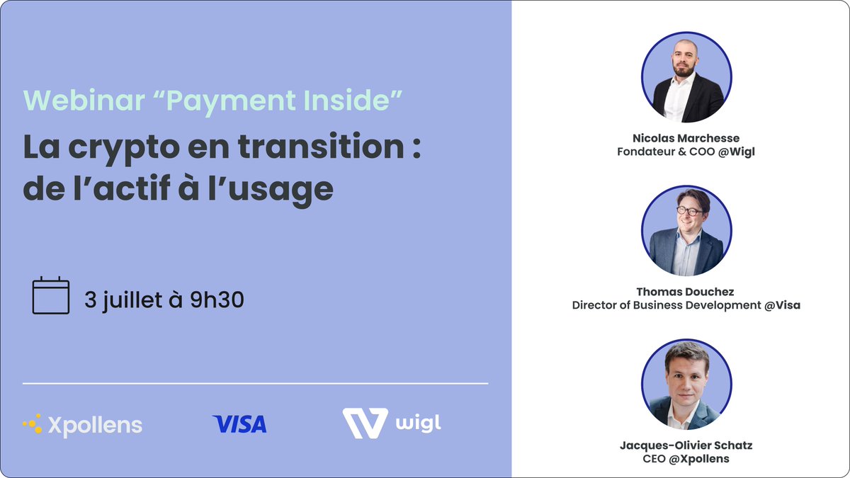 📅 Rendez-vous le 3 juillet à 9h30 pour un webinar exclusif “Payment Inside” organisé par nos partenaires <a href="/xpollens/">Xpollens</a> et <a href="/Visa/">Visa</a>.
 
45 minutes pour vous expliquer comment la cryptomonnaie s’intègre aux usages de paiement traditionnels.

Notre COO Nicolas Marchesse, aux côtés de