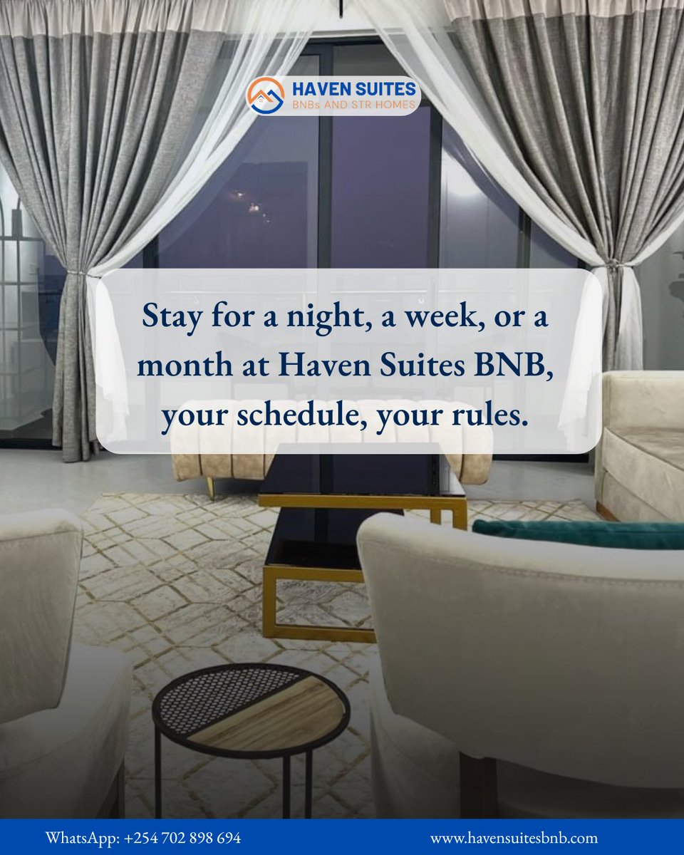 Stay a night, a week, or a month at Haven Suites BNB, it’s your schedule, your rules. 🛋️⏰
📍 Mombasa | WhatsApp: +254 702 898 694 | havensuitesbnb.com
#MombasaBnB #HavenSuites #AirbnbKenya #NyaliStay #BamburiBnB