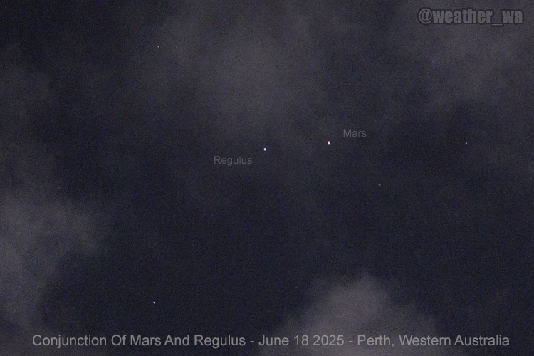 <a href="/perthovalman/">paul gallagher</a> <a href="/BunburyWeather/">SWWeatherWA</a> <a href="/ImTheOnlyAstro/">TheOnlyAstro</a> <a href="/MJG_1990/">Michael</a> <a href="/coffeevanishere/">thecoffeevanishere</a> <a href="/drstip/">Dr 'Variant of Concern' Stip #BLM 😷🌈 🧶☠️ ☢️</a> <a href="/baxlex/">Scott</a> <a href="/ManjitK6987/">💧🎀 Manjit Kaur</a> <a href="/Barnsy_Lisa/">Lisa Barnes</a> <a href="/speedbird020/">Alex 🇭🇲</a> <a href="/Sparrow_65/">Sparrow65</a> <a href="/2017Ferret/">The Weather Ferret</a> Here Was The Conjunction Of Mars And Regulus Over Perth This Evening 🔵🟠 #MooningCrew #PerthNews #WesternAustralia x.com/weather_wa/sta…