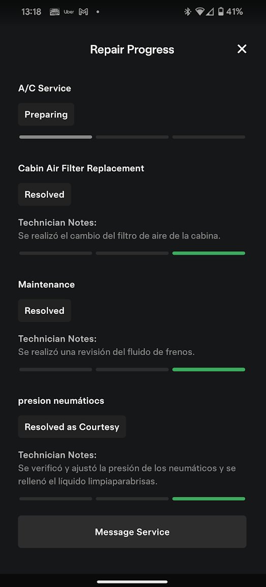 Voy poco por el taller de Tesla, pero reconozco que la parte de servicio está muy bien resuelta en la app. 

Esto es lo que ves cuando dejas el coche para que le hagan algo.