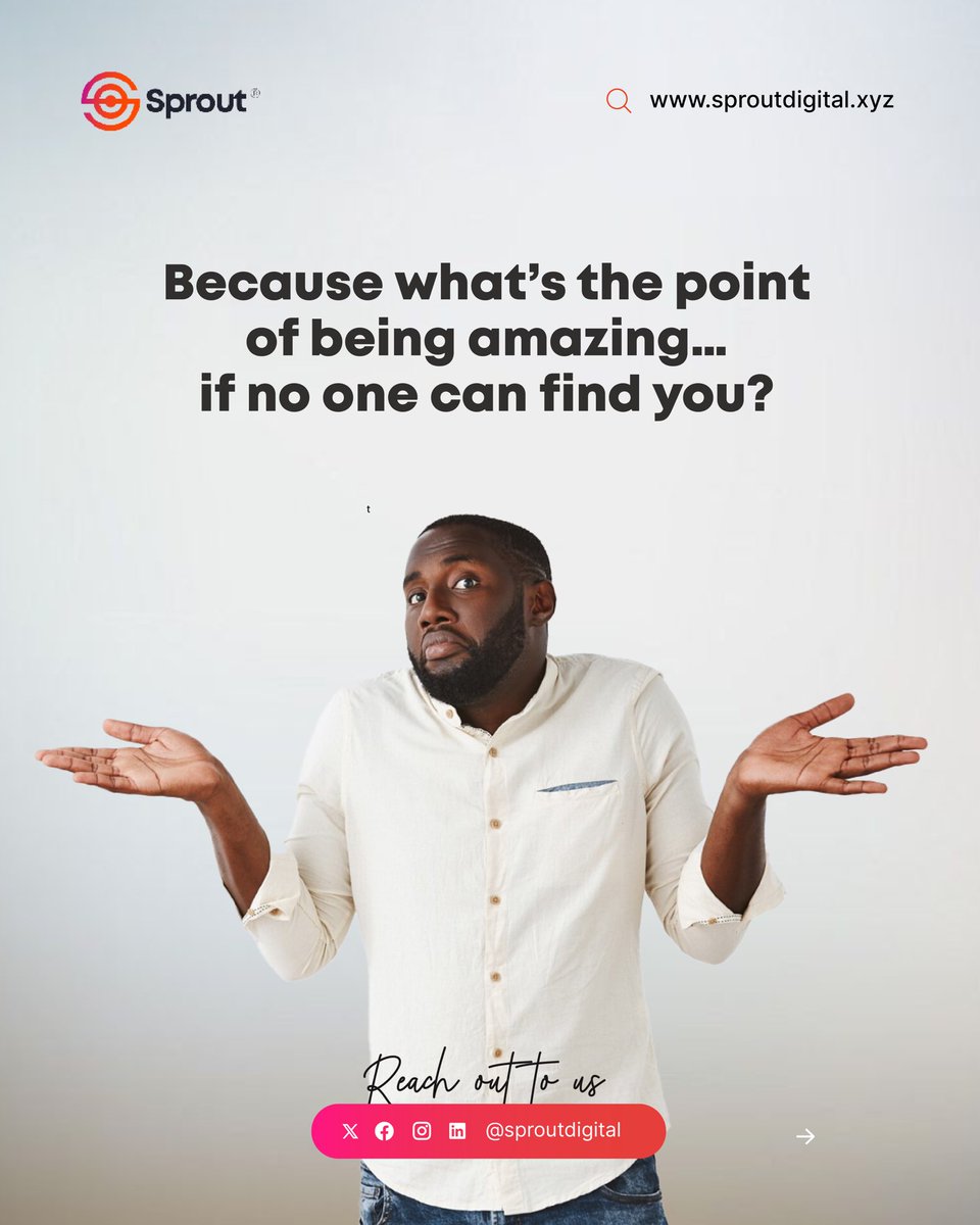 You’ve got the skills.
You’ve built something great.
But if the right people can’t find you… 
what’s the point?

That’s where Sprout® comes in.
We make sure your brand gets seen.

Start here 👉 sproutdigital.xyz

#SproutDigital #BrandVisibility #DigitalMarketing