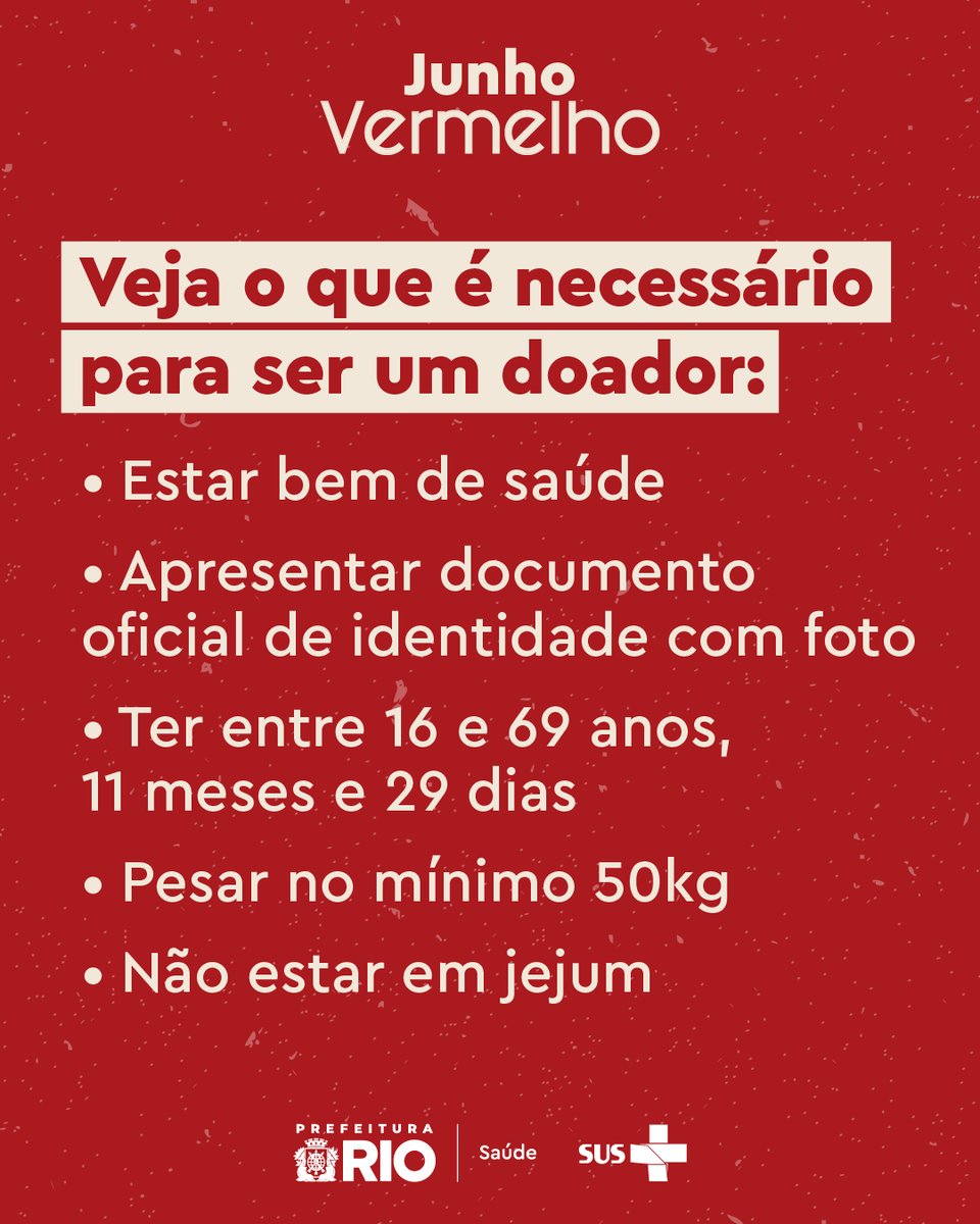 Saude_Rio's tweet photo. O HEMORIO funciona de segunda a domingo, das 7h às 18h, na Rua Frei Caneca, 8.

📌Para mais informações, acesse as redes do @hemorio.

#junhovermelho https://t.co/131fDqSuko