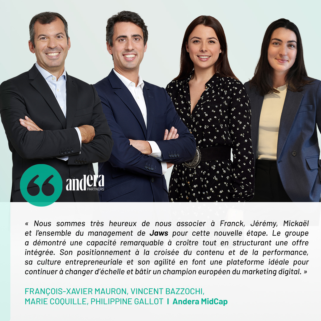 📢 Jaws Group ouvre un nouveau chapitre avec l’entrée d’𝗔𝗻𝗱𝗲𝗿𝗮 𝗣𝗮𝗿𝘁𝗻𝗲𝗿𝘀 à son capital, via son activité Andera MidCap, en tant qu’𝗮𝗰𝘁𝗶𝗼𝗻𝗻𝗮𝗶𝗿𝗲 𝗺𝗮𝗷𝗼𝗿𝗶𝘁𝗮𝗶𝗿𝗲.

Pour en savoir plus : anderapartners.com/fr/andera-part…