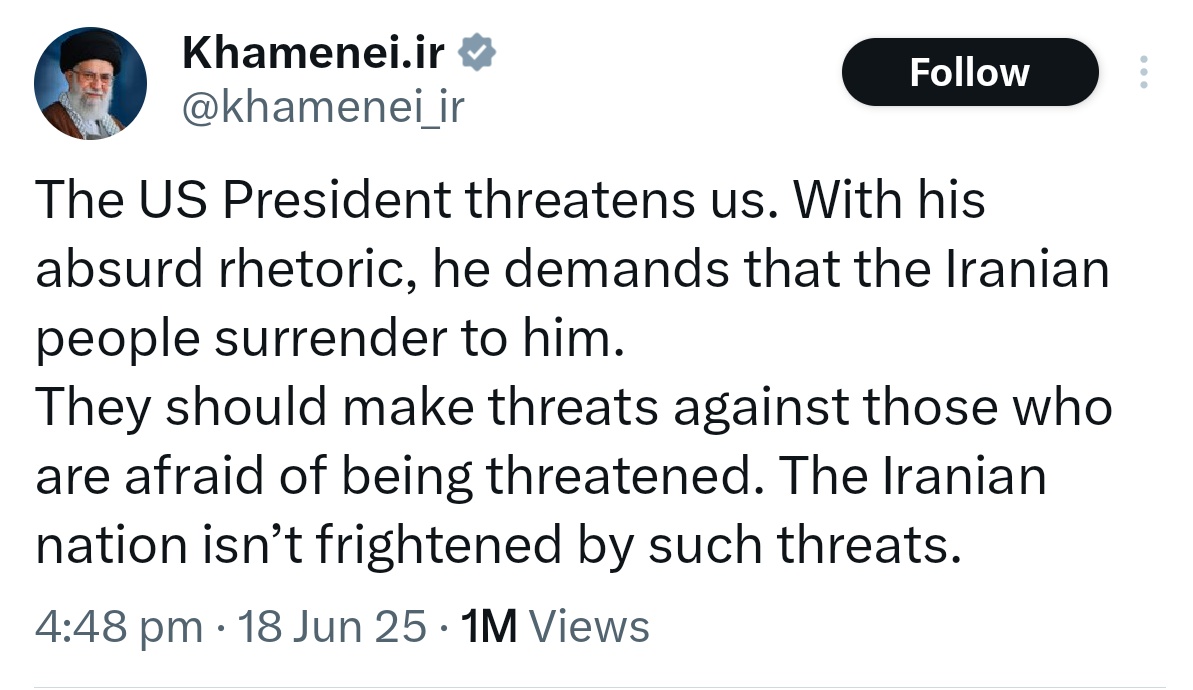 Say what you want about #Iran's Supreme Leader #Khamenei, he has many flaws, but cowardice isn't one of them unlike Pakistan &amp; Asim Munir. He would rather choose death over surrender or subjugation to #Israel &amp; US
#IsraelIranConflict #IranIsrael #IranVsIsrael #IranIsraelConflict