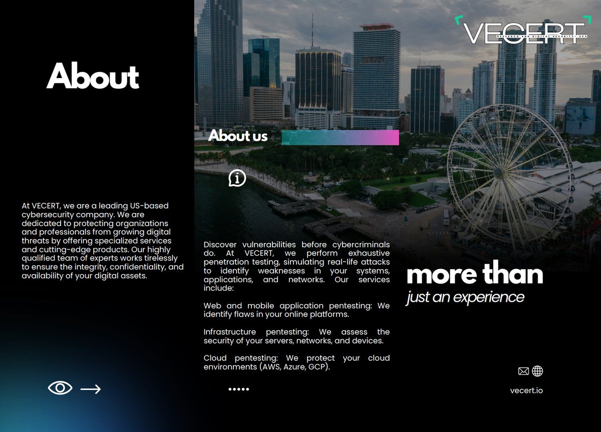 VECERTAmerica's tweet image. VECERT Business: Threat Intelligence, Pentesting, Open Intelligence, Computer Intelligence Analysts.
🇺🇸 offices: vecert.io/offices
📱contact: contact@vecert.io
#USA #Miami #LasVegas #NewYork #Florida #CyberSecurity