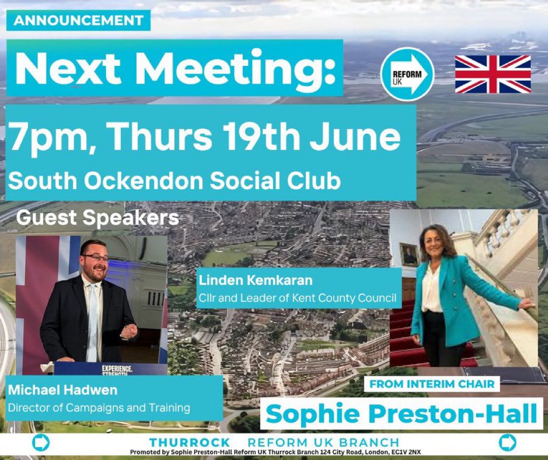 📣 This Thursday! - Reform UK Thurrock Branch Meeting 🇬🇧

📅 19 June * 🕖 7PM * 📌South Ockendon Social Club

Guest speakers:🎙️
• Michael Hadwen
• Linden Kemkaran

🗳️ Meet your Reform councillors &amp; hear from Sophie Preston-Hall!

#ReformUK #Thurrock <a href="/SophiePrestonHa/">Sophie Preston-Hall Reform UK Thurrock 🩵</a>