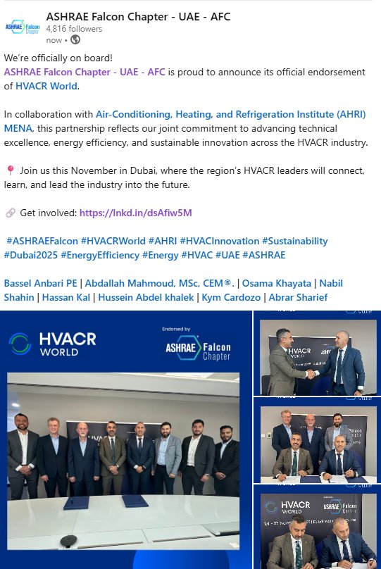Great news...we’re officially on board!
ASHRAE Falcon Chapter UAE is proud to endorse HVACR World.

Together with AHRI MENA, we’re pushing for excellence, energy efficiency, and innovation in HVACR.

This November in Dubai — a great chance to connect with industry leaders.