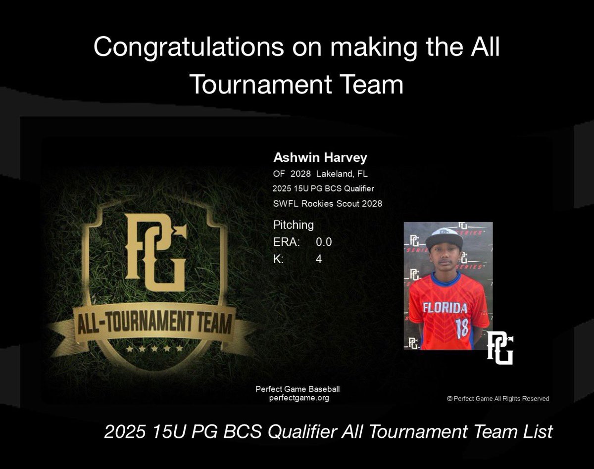 CoachDavino's tweet image. Congrats to SWFL Rockies Scout team member Ashwin Harvey for being selected for all tournament team.