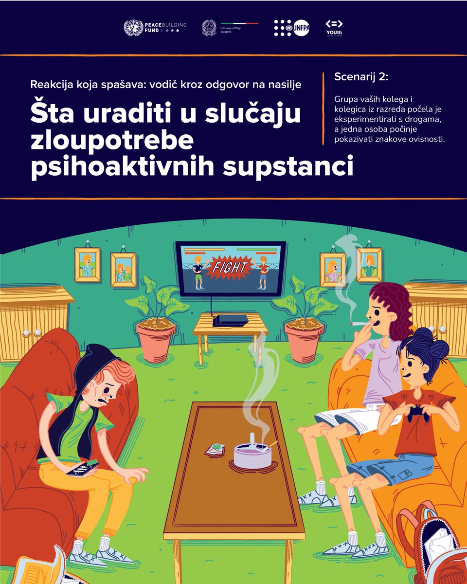 UNFPA BiH (@unfpabih) on Twitter photo Zloupotreba supstanci? Kako reagovati bez osramoćenja ili gubitka prijatelja:
7️⃣ Maloljetna prijateljica naručuje alkohol
8️⃣ Kolega koristi drogu, pokazuje znakove ovisnosti
Saznaj više: unf.pa/3ThmWMc
<a href="/UNPeacebuilding/">United Nations Peacebuilding</a> <a href="/italyinbih/">Italy in Bosnia and Herzegovina</a>
#Y4IET Zloupotreba supstanci? Kako reagovati bez osramoćenja ili gubitka prijatelja:
7️⃣ Maloljetna prijateljica naručuje alkohol
8️⃣ Kolega koristi drogu, pokazuje znakove ovisnosti
Saznaj više: unf.pa/3ThmWMc
<a href="/UNPeacebuilding/">United Nations Peacebuilding</a> <a href="/italyinbih/">Italy in Bosnia and Herzegovina</a>
#Y4IET
