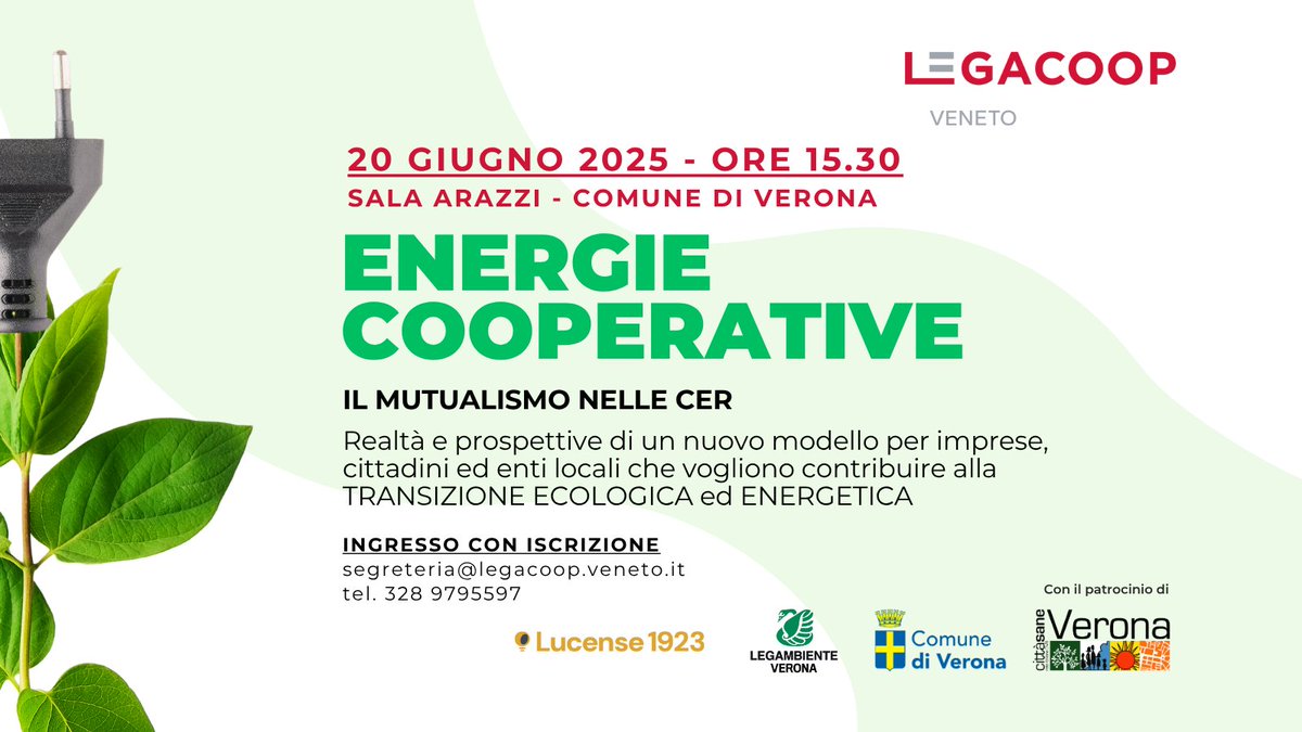 Appuntamento a Verona il 20 giugno per parlare di energie #cooperative e mutualismo nelle #Cer
Iscrizioni obbligatorie al link 
docs.google.com/forms/d/1iQjTL…