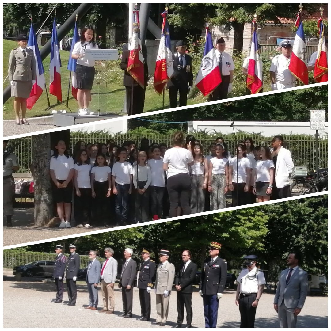 🇲🇫Cérémonie 
🔹️Lecture déterminée par une collégienne de l'appel du général de Gaulle  
🔹️Marseillaise entonnée avec force par les choristes des collèges de Fonsegrives et de Muret

Démonstration que  "la flamme de la résistance française [...] ne s'éteindra pas".
#Toulouse