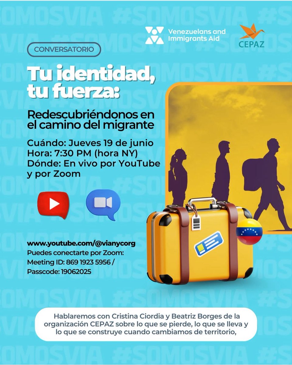 Cepaz (@_cepaz) on Twitter photo 🗓️ Mañana 19 de junio
Desde Cepaz y <a href="/vianycorg/">Venezuelans and Immigrants Aid (VIA)</a> te invitamos a participar en el conversatorio
Tu identidad, tu fuerza
Redescubriéndonos en el camino del migrante
#Migrar transforma, desafía y también revela partes de nuestra identidad que muchas veces no sabíamos que estaban 🗓️ Mañana 19 de junio
Desde Cepaz y <a href="/vianycorg/">Venezuelans and Immigrants Aid (VIA)</a> te invitamos a participar en el conversatorio
Tu identidad, tu fuerza
Redescubriéndonos en el camino del migrante
#Migrar transforma, desafía y también revela partes de nuestra identidad que muchas veces no sabíamos que estaban