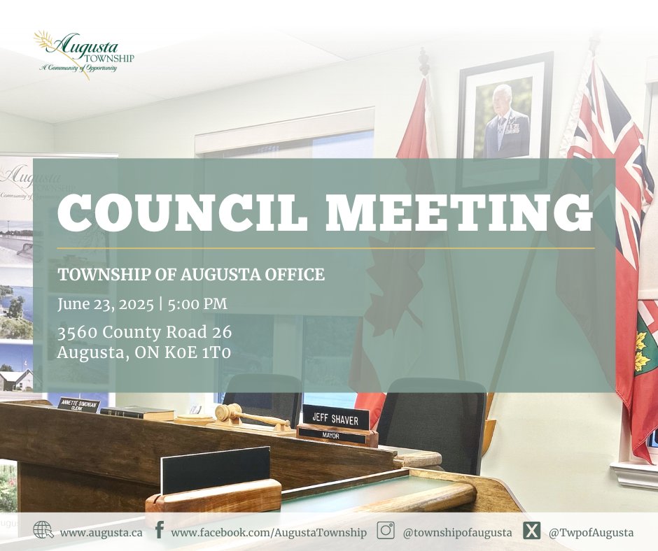 Join us for the Council meeting on June 23rd, 2025, at 5 PM at the Township Office! 📍 3560 County Road 26, Augusta, ON. Full agenda on our website. Attend in person or join via Teams. Recordings on our YouTube Channel: youtube.com/@townshipofaug…