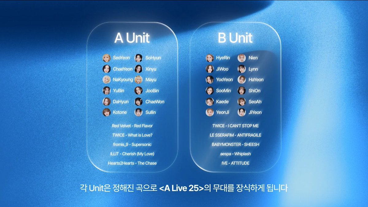 ㅁㅊ 트리플에스 콘서트 커버무대 고르래
A unit 
Red Velvet - Red Flavor
TWICE - What is Love? 
fromis_9 - Supersonic
ILLIT - Cherish (My Love)
Hearts2Hearts - The Chase

B unit 
TWICE - I CAN'T STOP ME
LE SSERAFIM - ANTIFRAGILE
BABYMONSTER - SHEESH
aespa - Whiplash
IVE - ATTITUDE