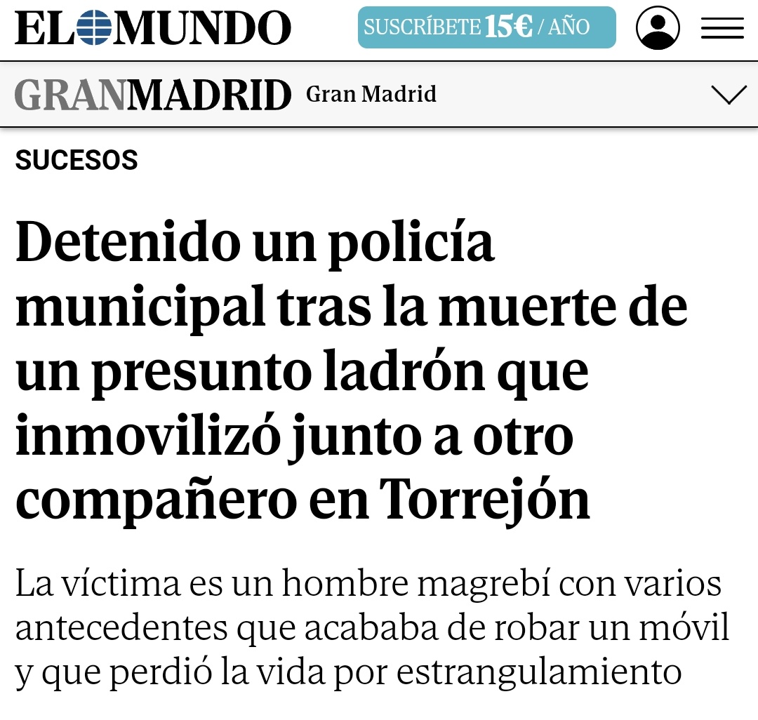 Magrebí politoxicómano, violento y con antecedentes, muere por síndrome de delirio agitado al ser retenido para evitar un robo.

Detienen al policía que lo retenía y las asociaciones procriminales ya están organizando toma de calles y disturbios.

La Ley se detiene, el mal avanza