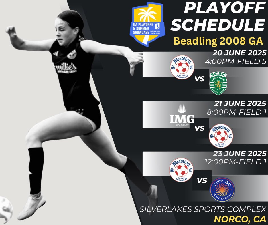 Beadling 2008 GA (@beadling08ga) on Twitter photo It’s almost time‼️ Next stop 🔜 CA for <a href="/GAcademyLeague/">Girls Academy</a> Playoffs, and we are ready to compete! ☀️✈️
Come check us out! Schedule ⬇️⬇️
#B4L #GASummerPlayoffs
<a href="/BeadlingSoccer/">Beadling Soccer Club</a> <a href="/USYNT/">U.S. Soccer YNT</a> <a href="/ImYouthSoccer/">ECNL/GA/Recruiting/College Soccer</a> <a href="/ImCollegeSoccer/">College Soccer Truth ™</a> <a href="/PrepSoccer/">Prep Soccer ⚽️</a> <a href="/TopDrawerSoccer/">TopDrawerSoccer</a> <a href="/TheSoccerWire/">SoccerWire</a> <a href="/NCAASoccer/">NCAA Soccer</a> It’s almost time‼️ Next stop 🔜 CA for <a href="/GAcademyLeague/">Girls Academy</a> Playoffs, and we are ready to compete! ☀️✈️
Come check us out! Schedule ⬇️⬇️
#B4L #GASummerPlayoffs
<a href="/BeadlingSoccer/">Beadling Soccer Club</a> <a href="/USYNT/">U.S. Soccer YNT</a> <a href="/ImYouthSoccer/">ECNL/GA/Recruiting/College Soccer</a> <a href="/ImCollegeSoccer/">College Soccer Truth ™</a> <a href="/PrepSoccer/">Prep Soccer ⚽️</a> <a href="/TopDrawerSoccer/">TopDrawerSoccer</a> <a href="/TheSoccerWire/">SoccerWire</a> <a href="/NCAASoccer/">NCAA Soccer</a>