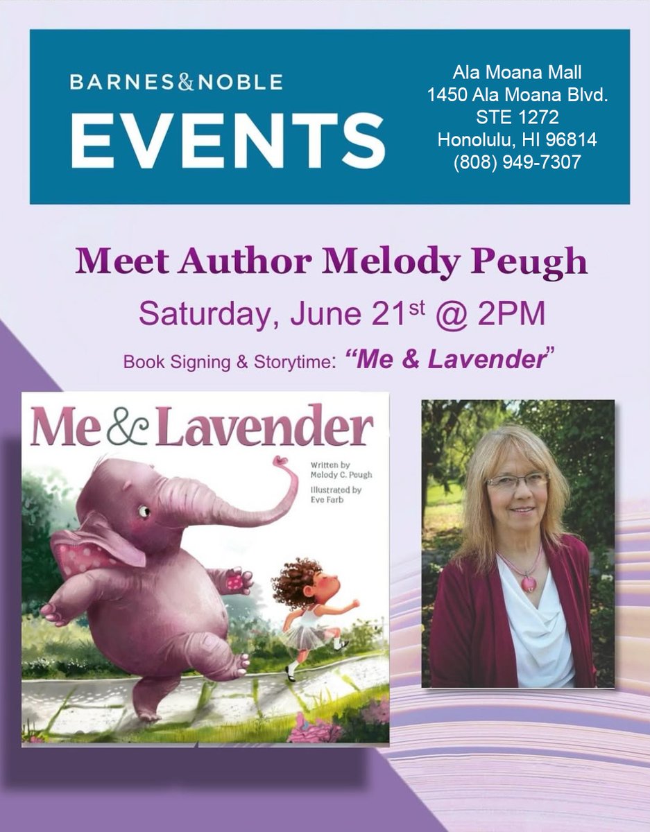 Flashlight Press (@flashlightpress) on Twitter photo Aloha, Honolulu! 🌺
Join #DebutAuthor Melody Peugh for a reading & signing of her picture book Me & Lavender 🐘💜
Don’t miss this magical storytime! stores.barnesandnoble.com/event/97800621…
<a href="/IPGbooknews/">IPGbook</a> <a href="/BNBuzz/">Barnes & Noble</a> #BookSigning #honolulu #MeetTheAuthor #PictureBookAuthor #BookSigning #AuthorEvent Aloha, Honolulu! 🌺
Join #DebutAuthor Melody Peugh for a reading & signing of her picture book Me & Lavender 🐘💜
Don’t miss this magical storytime! stores.barnesandnoble.com/event/97800621…
<a href="/IPGbooknews/">IPGbook</a> <a href="/BNBuzz/">Barnes & Noble</a> #BookSigning #honolulu #MeetTheAuthor #PictureBookAuthor #BookSigning #AuthorEvent