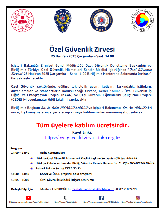 Özel Güvenlik Zirvesi
🗓️25 Haziran 2025 Çarşamba 
🕑14:00
✅Kayıt: l24.im/n1mQJp
Tüm üyelere katılım ücretsizdir.
<a href="/TOBBiletisim/">TOBB</a>