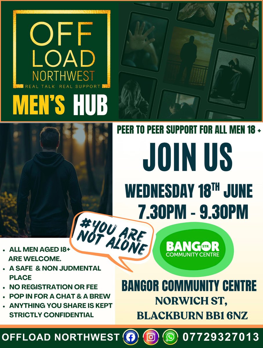 The team from Off Load North West are hosting a session at Bangor Street on Wednesday June 18 from 7.30pm.

Join a supportive community of men aged 18+ where you can open up, listen, or simply unwind. All welcome.