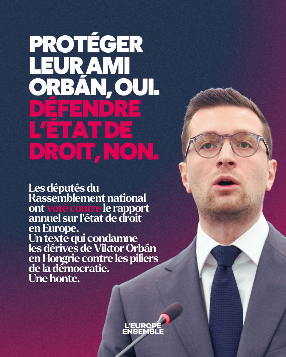 L’Europe Ensemble (@ensemble_ue) on Twitter photo ❌ Le RN refuse de condamner les dérives du régime de leur ami Viktor Orbán.
Ils ont voté contre le rapport sur l'état de droit en Europe 🇪🇺. Rapport qui dénonce, notamment, la détérioration de l'indépendance de la justice et de la liberté de la presse mais aussi les attaques ❌ Le RN refuse de condamner les dérives du régime de leur ami Viktor Orbán.
Ils ont voté contre le rapport sur l'état de droit en Europe 🇪🇺. Rapport qui dénonce, notamment, la détérioration de l'indépendance de la justice et de la liberté de la presse mais aussi les attaques