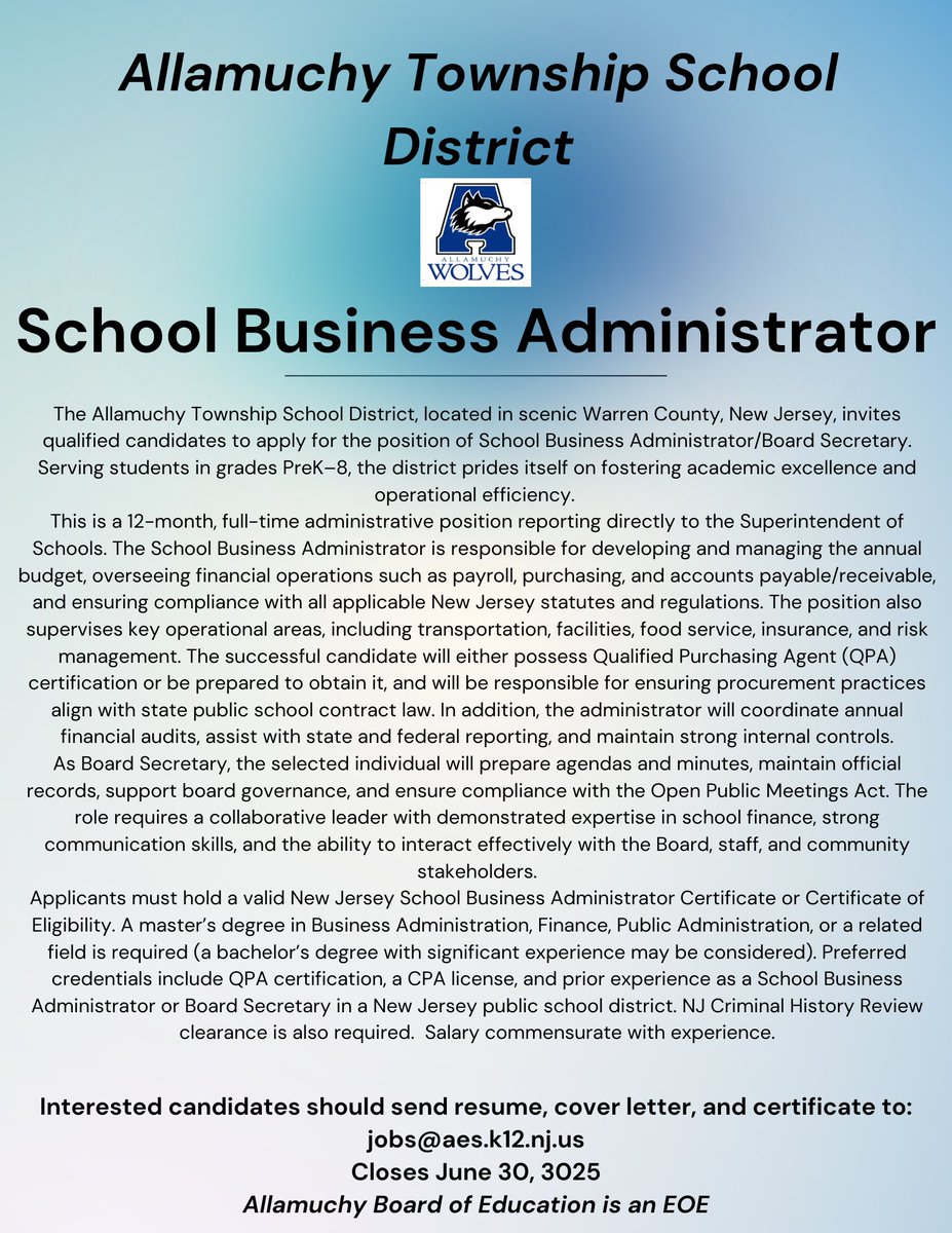 Allamuchy Township School District is excited to announce an exciting professional opportunity. We are seeking a new team member, our Business Administrator!
