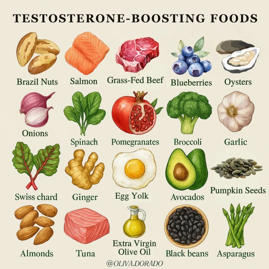 Testosterone levels today are 50% lower than they were in the 1980s
And no - it's not age. It's what's on your plate (and what isn't)

Here are Testosterone-Boosting Foods👇👇👇