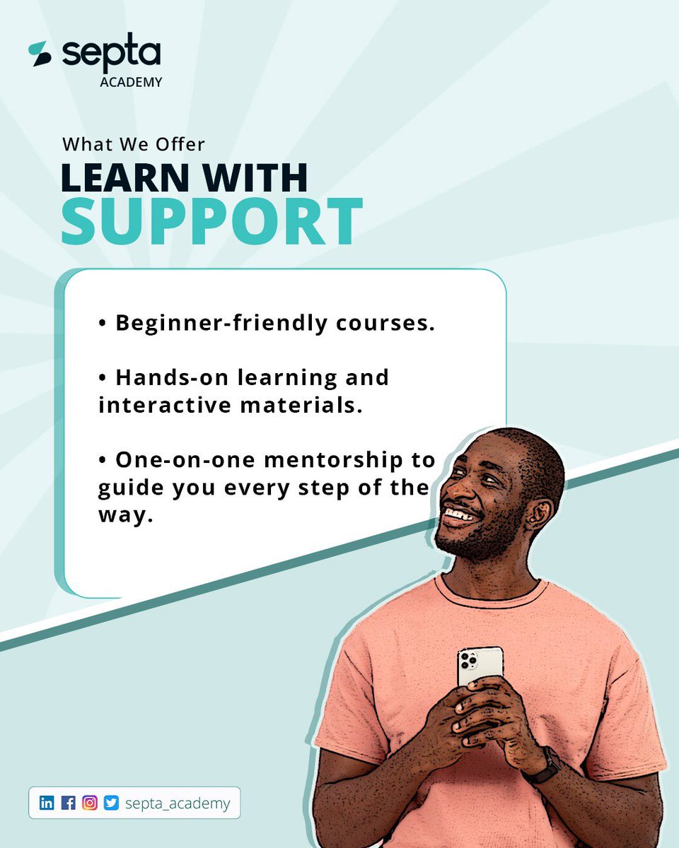 septa_academy's tweet image. Breaking into tech can feel overwhelming   but it doesn’t have to be.
At Septa Academy, our beginner-focused programs, hands-on projects, and expert mentorship are designed to help you start with confidence and grow with purpose.
#SeptaAcademy #TechBeginners #LearnToCode #Future