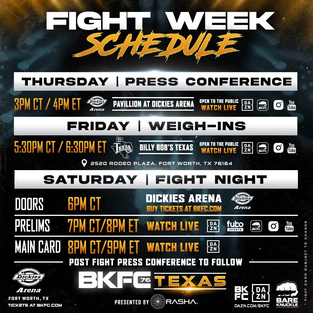 bareknucklefc's tweet photo. That Saturday night lineup 🤠 We can’t wait to  throw down in Texas!

#BKFC76 | Saturday | Only on DAZN - Limited tickets remain ➡️ https://t.co/LJX5urGSHu https://t.co/FE9jQhaxig