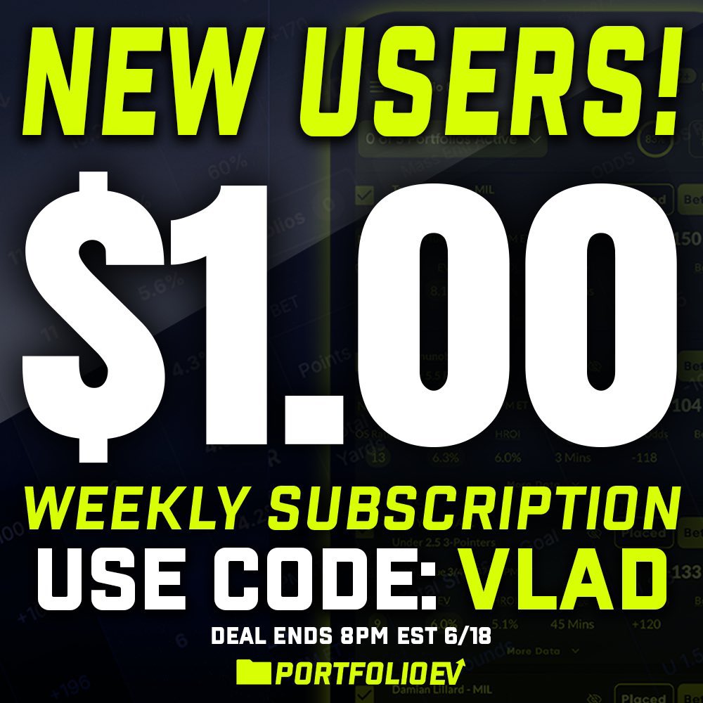 Greg Ehrenberg (@gehrenbergdfs) on Twitter photo Bankroll Building Day 185 (SALE!)
To keep this content free, like this post and follow me 🙏
Just for today, all new users to the <a href="/OSPortfolioEV/">OddsShopper Portfolio EV</a> can sign up for a weekly package for just $1 with the promo code VLAD! The thread has turned $100 into $1,854!
Today’s bets 🧵 Bankroll Building Day 185 (SALE!)
To keep this content free, like this post and follow me 🙏
Just for today, all new users to the <a href="/OSPortfolioEV/">OddsShopper Portfolio EV</a> can sign up for a weekly package for just $1 with the promo code VLAD! The thread has turned $100 into $1,854!
Today’s bets 🧵